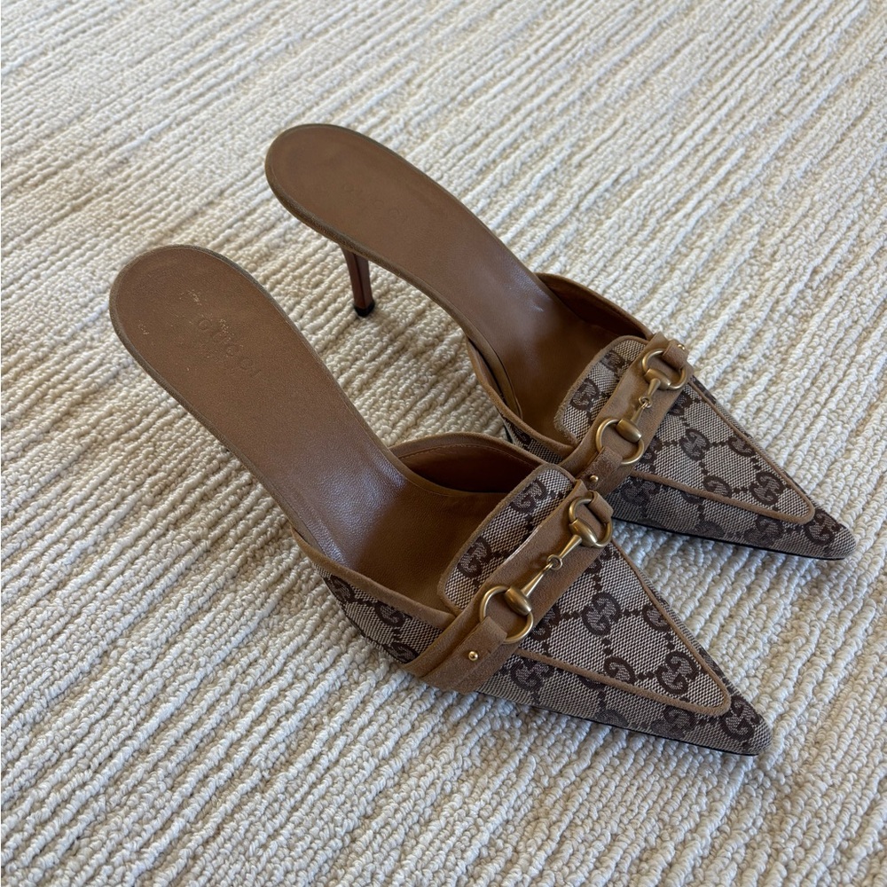 Gucci Brown GG Canvas Pointed Kitten Heels with Gold Hardware
